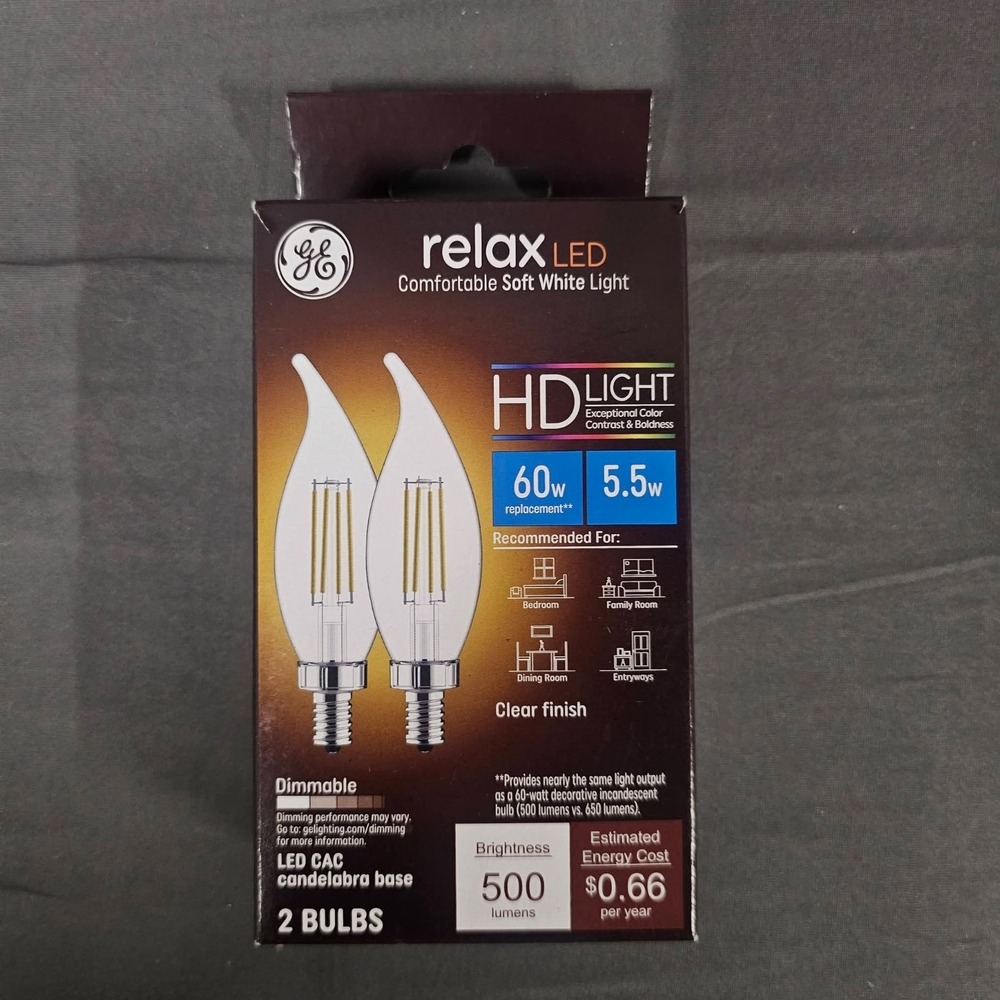 GE Relax LED HD Clear Dimmable 60W Light Bulbs Candelabra Base New 500 Lumens